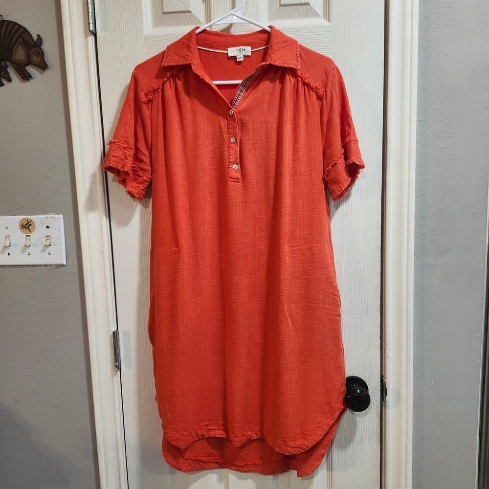 Umgee USA Orange Linen Blend Fringe Shift Shirt Dress Pockets R0838 Womens Small